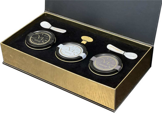 Embalagem de ouro Caviar preto tin jar vermelho Conjunto de presente com embalagem de papelão e manga