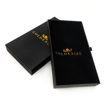 Caixa de gaveta rígida preta elegante com logotipo personalizado em folha de ouro e revestimento de veludo macio