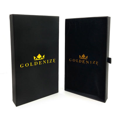 Caixa de gaveta rígida preta elegante com logotipo personalizado em folha de ouro e revestimento de veludo macio