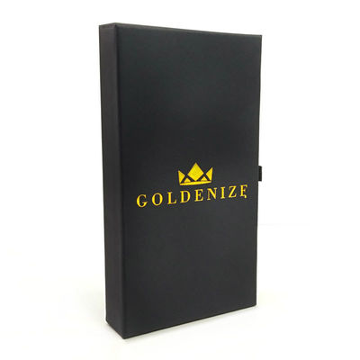 Caixa de gaveta rígida preta elegante com logotipo personalizado em folha de ouro e revestimento de veludo macio