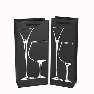 Embalagem de garrafa de vinho em embalagem única Sacos de papel preto com logotipo personalizado e folha quente