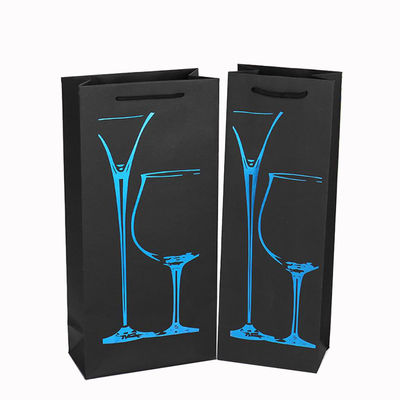 Embalagem de garrafa de vinho em embalagem única Sacos de papel preto com logotipo personalizado e folha quente