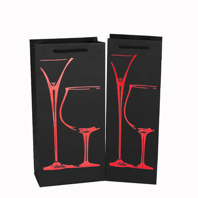 Embalagem de garrafa de vinho em embalagem única Sacos de papel preto com logotipo personalizado e folha quente