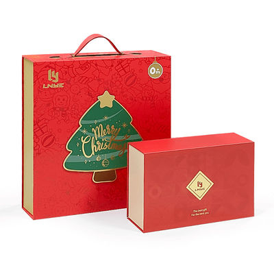 Custom Luxury Red Magnetic Clamshell Caixinha de presente com tema de Natal Biodegradável Caixa de fechamento magnética rígida Embalagem com alça