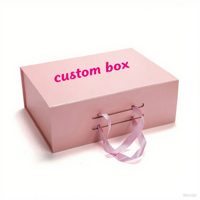 Caixas de Presente Magnéticas Rosa Luxo com Impressão e Alça de Fita - Embalagem Personalizada de Papelão Rígido com Logotipo para Roupas