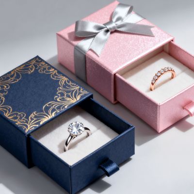 Vintage Luxury Custom Logo Ring Boxes Corpo de marfim com esponja Velour Lining Estampagem Vernizamento UV Revestimento Impressão Manuseio