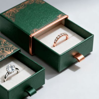 Vintage Luxury Custom Logo Ring Boxes Corpo de marfim com esponja Velour Lining Estampagem Vernizamento UV Revestimento Impressão Manuseio