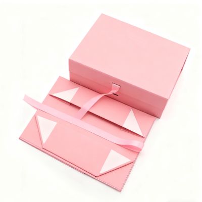 Caixa dobrável de fita com logotipo personalizado, qualidade, rosa, preta, formato retangular, embalagem de papel de arte magnético para laminação fosca e relevo