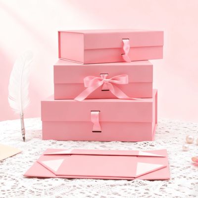 Caixa dobrável de fita com logotipo personalizado, qualidade, rosa, preta, formato retangular, embalagem de papel de arte magnético para laminação fosca e relevo