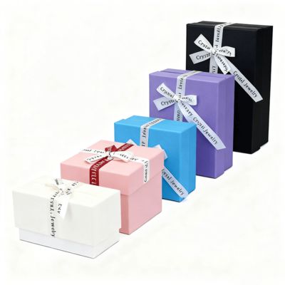 Embalagem de Joias Personalizada com Laço de Fita Inglês Caixa Quadrada Céu e Terra Tampa de Cartão Elegante Para Brincos Anéis Caixas